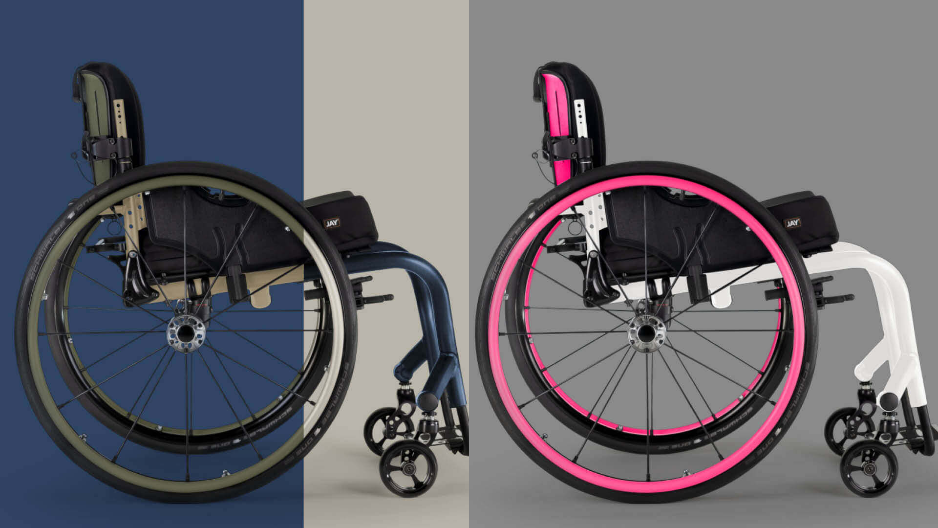 Two wheelchairs next to each other in vibrant colours.